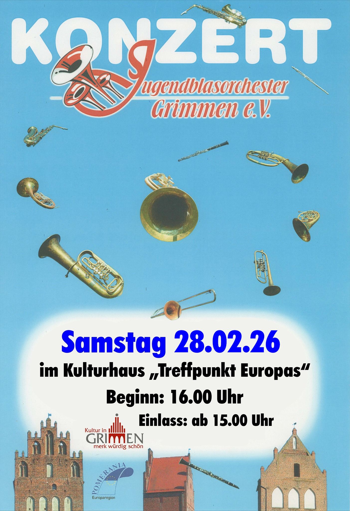 Plakat- Konzert Jugendblasorchester Grimmen e.V. am 28.02.2026 im Kulturhaus "Treffpunkt Europas" in Grimmen