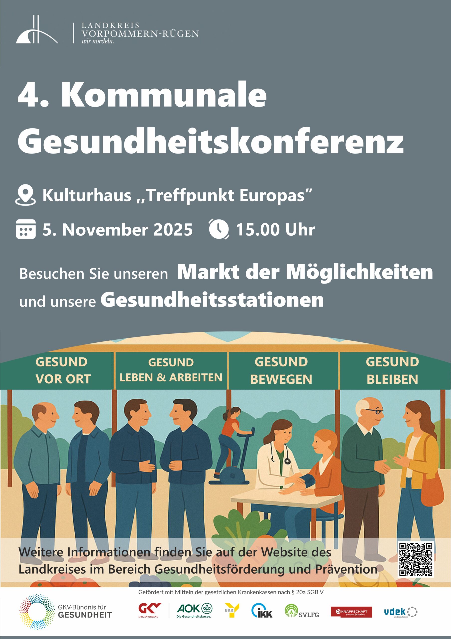 Plakat 4. Kommunale Gesundheitskonferenz Vorpommern_ Rügen, am 05.11.2025 um 15:00 Uhr im Kulturhaus Treffpunkt Europas in Grimmen
