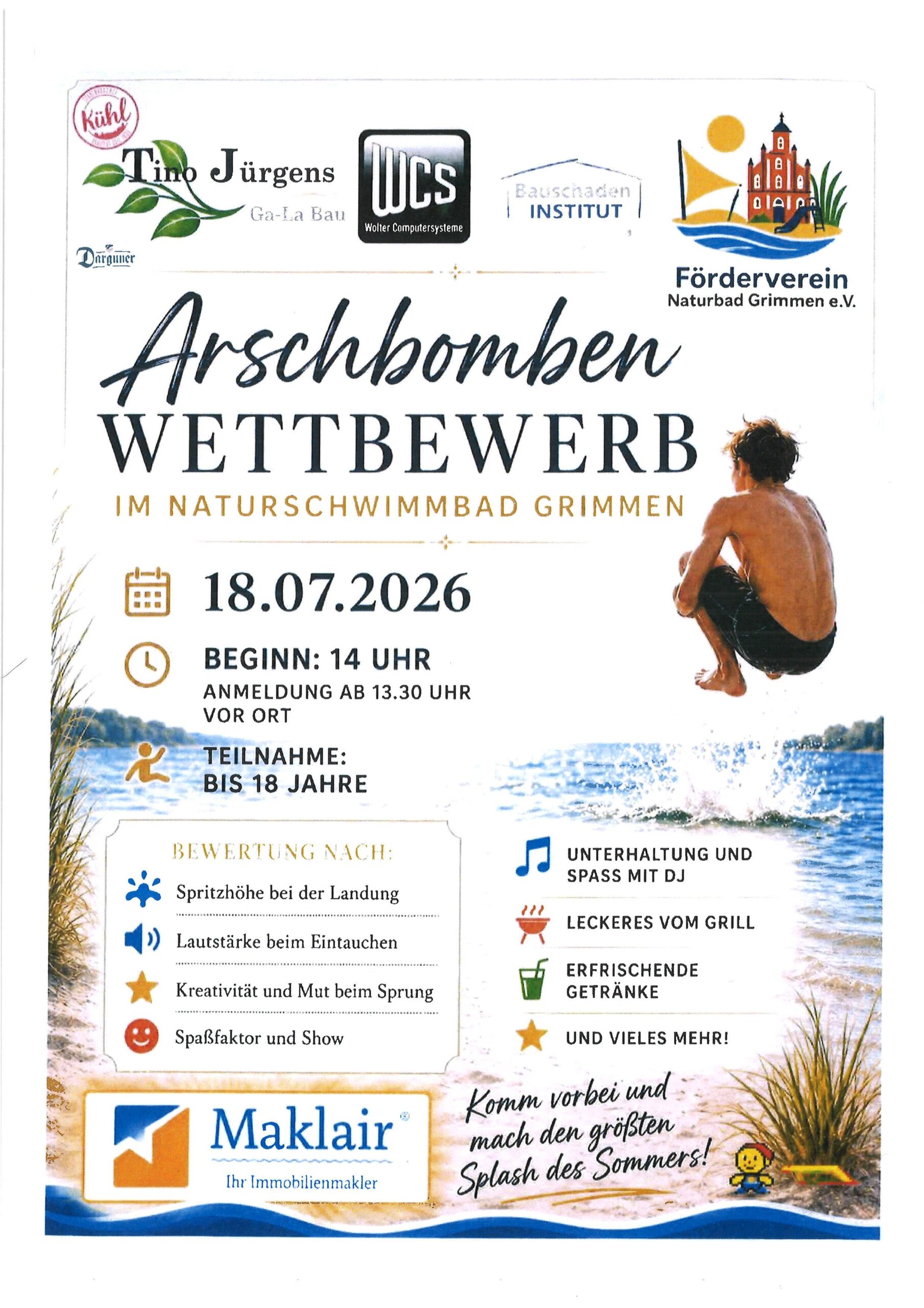 Flyer - Arschbombeb Wettbewerb am 18.07.2026 im Naturschwimmbad in Grimmen, Start 14:00 Uhr