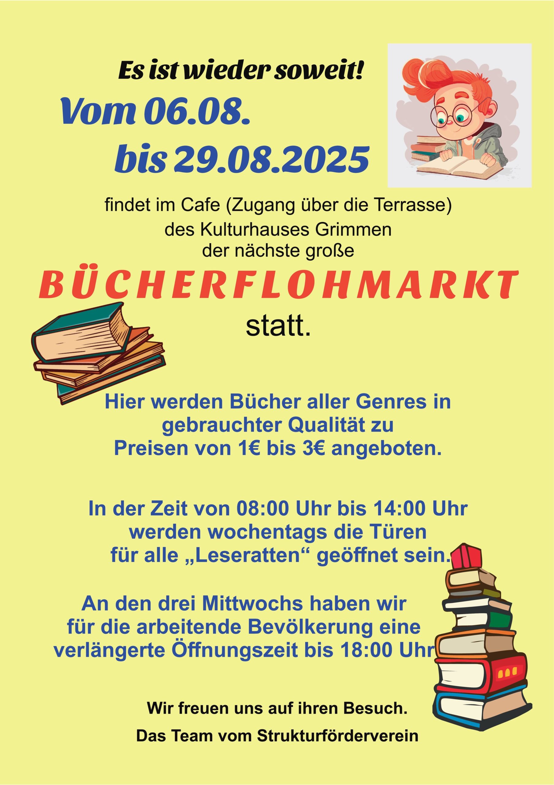 Plakat- Bücherflohmarkt, vom 06.08. bis 29.08.2025 im Cafe im Kulturhaus in Grimmen
