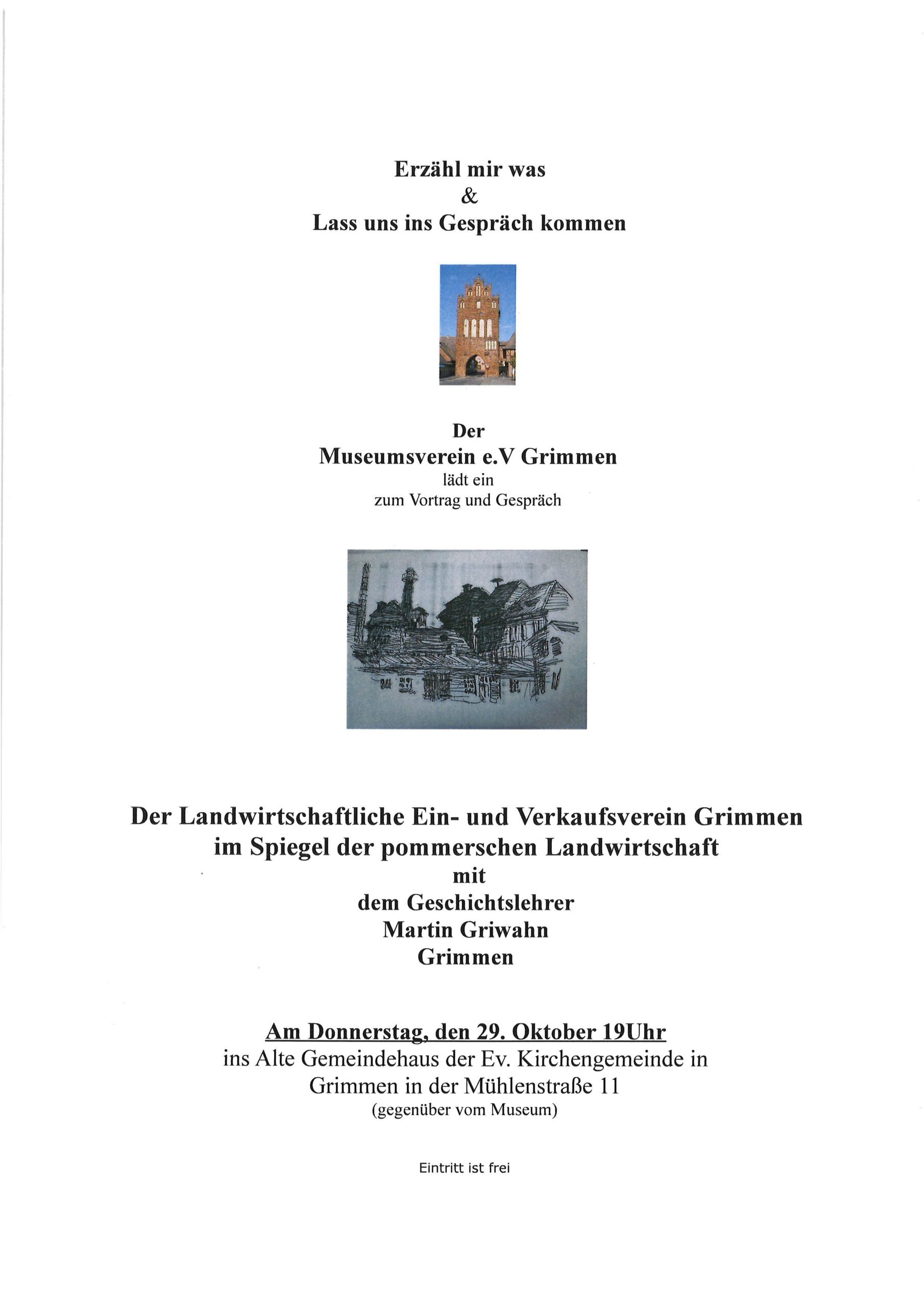 Flyer- Vortrag: Der Landwirtschaftliche Ein- und Verkaufsverein Grimmen im Spiegel der pommerschen Landwirtschaft im Gemeindehaus in Grimmen am 29.10.2026