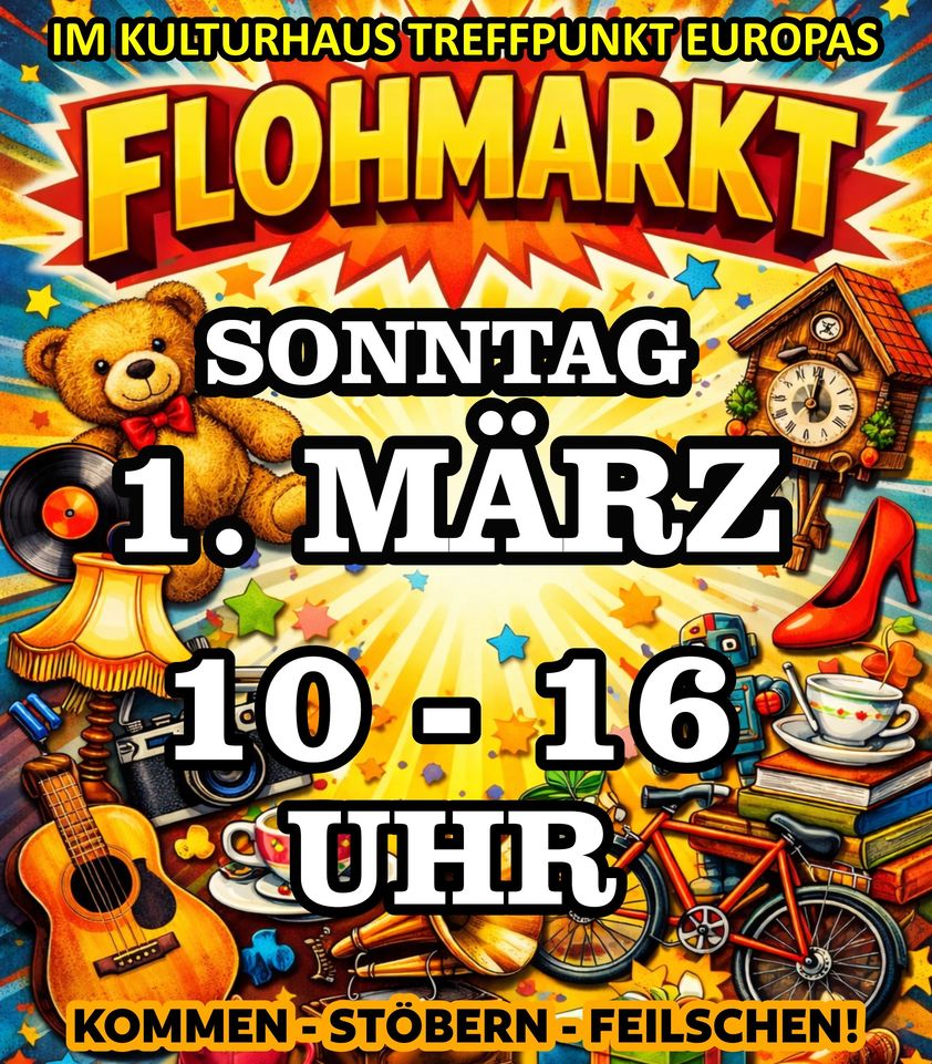Plakat für den Flohmarkt mit dem Termin und der Uhrzeit. 1. März von 10 bis 16 Uhr.
