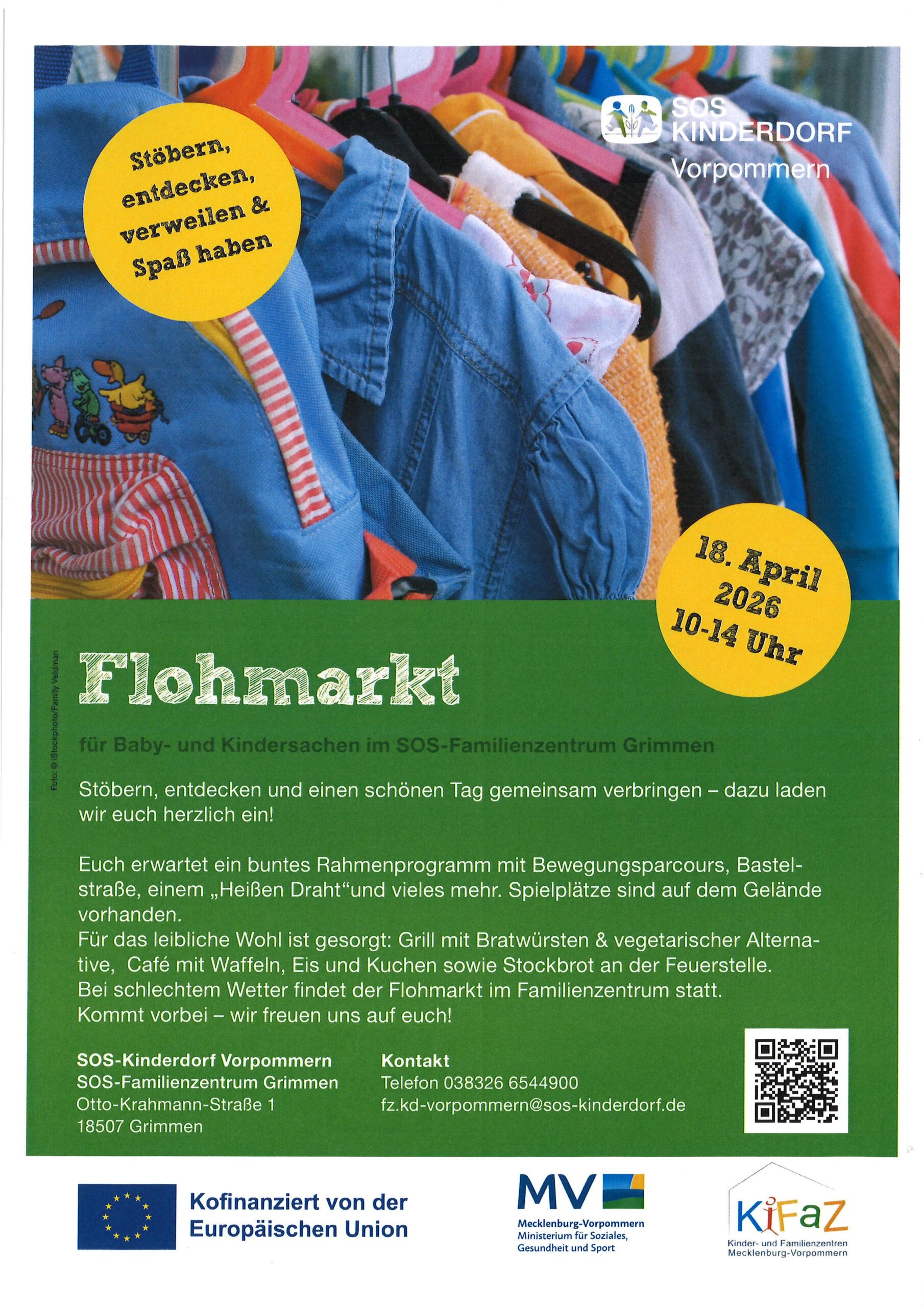Plakat- Baby-und Kinderflohmarkt am 18.04.2026 von 10:00 Uhr bis 14:00 Uhr im SOS-Familienzentrum in Grimmen