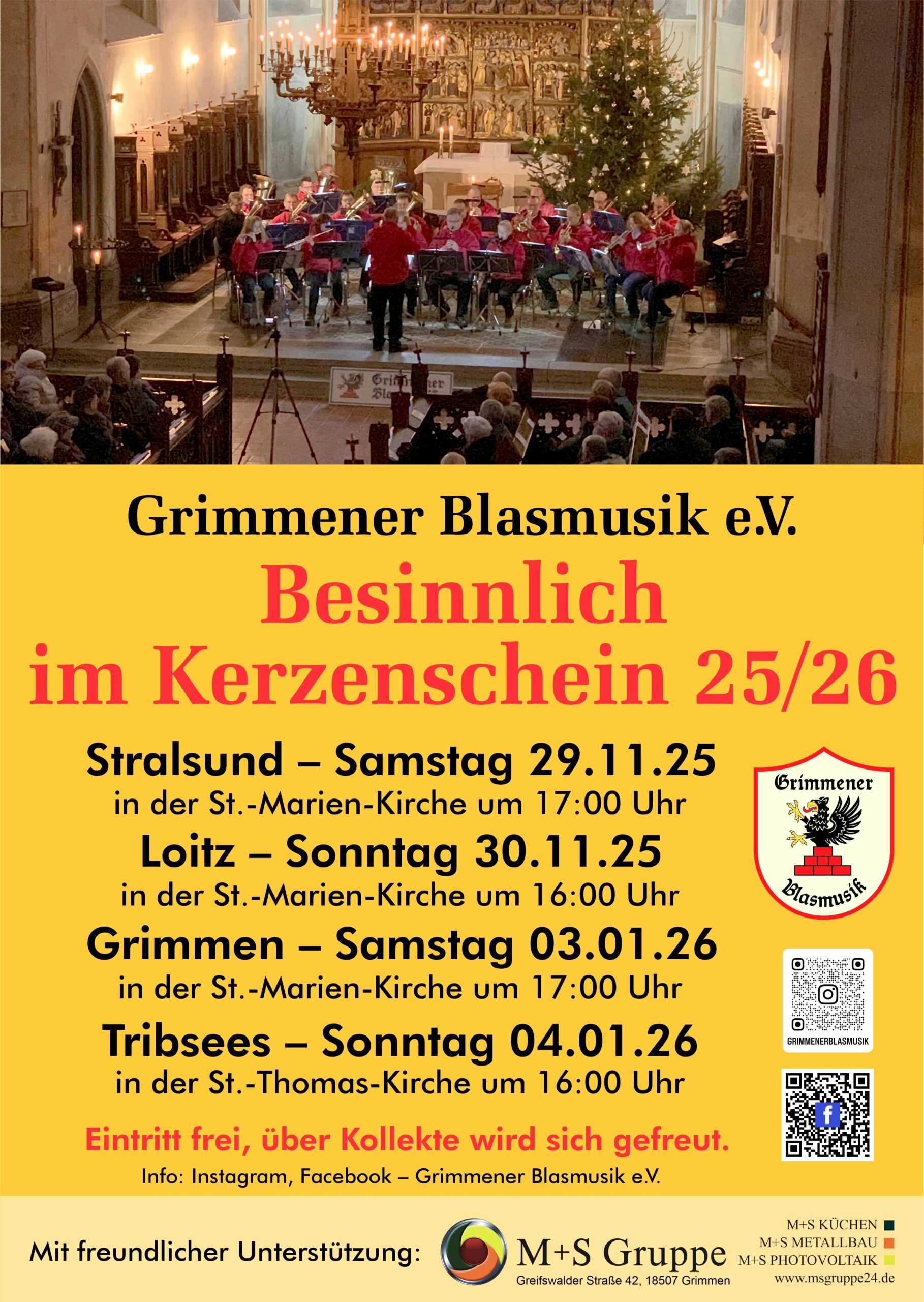 Flyer mit Veranstaltungen mit dem Grimmener Balsmusik e.V. am Samstag, den 03.01.2026 in Grimmen in der St.-Marienkirche um 17:00 Uhr