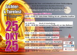 Flyer für das Lichter- und Torefest am 25.10.2025 in Grimmen mit Livemusik und Feuerschow