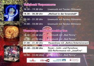 Flyer für das Lichter- und Torefest am 25.10.2025 in Grimmen mit Livemusik und Feuerschow