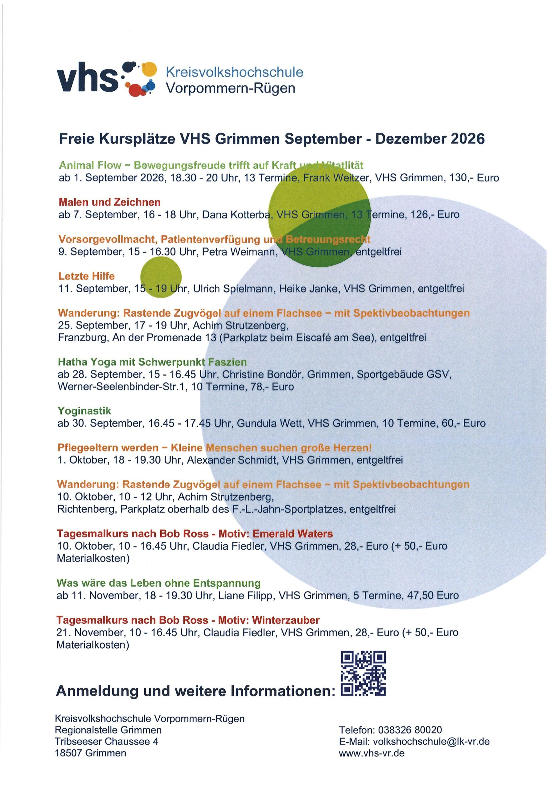 Flyer- freie Kursplätze an der Kreisvolkshochschule in Grimmen