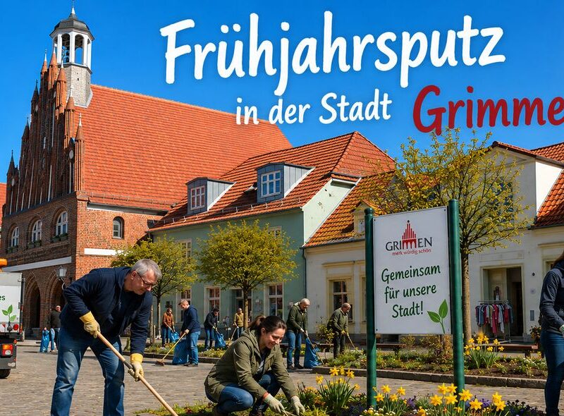 Ein mit künstlicher Intelligenz generiertes Bild zeigt Helfer beim Frühjahrsputz auf dem Marktplatz.