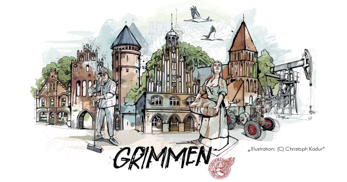 Collage mit Motiven der Grimmener Innenstadt. Zu sehen sind Stadttore, Rathaus, Wasserturm, Kirche und Bronzestatuen.