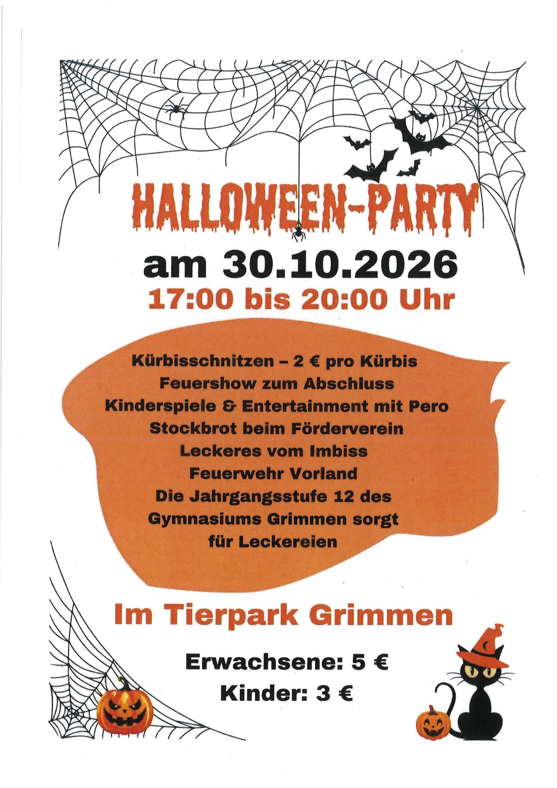 Plakat-Flyer, Halloween-Party am 30. Oktober 2026 17:00 bis 20:00 Uhr im Tierpark Grimmen