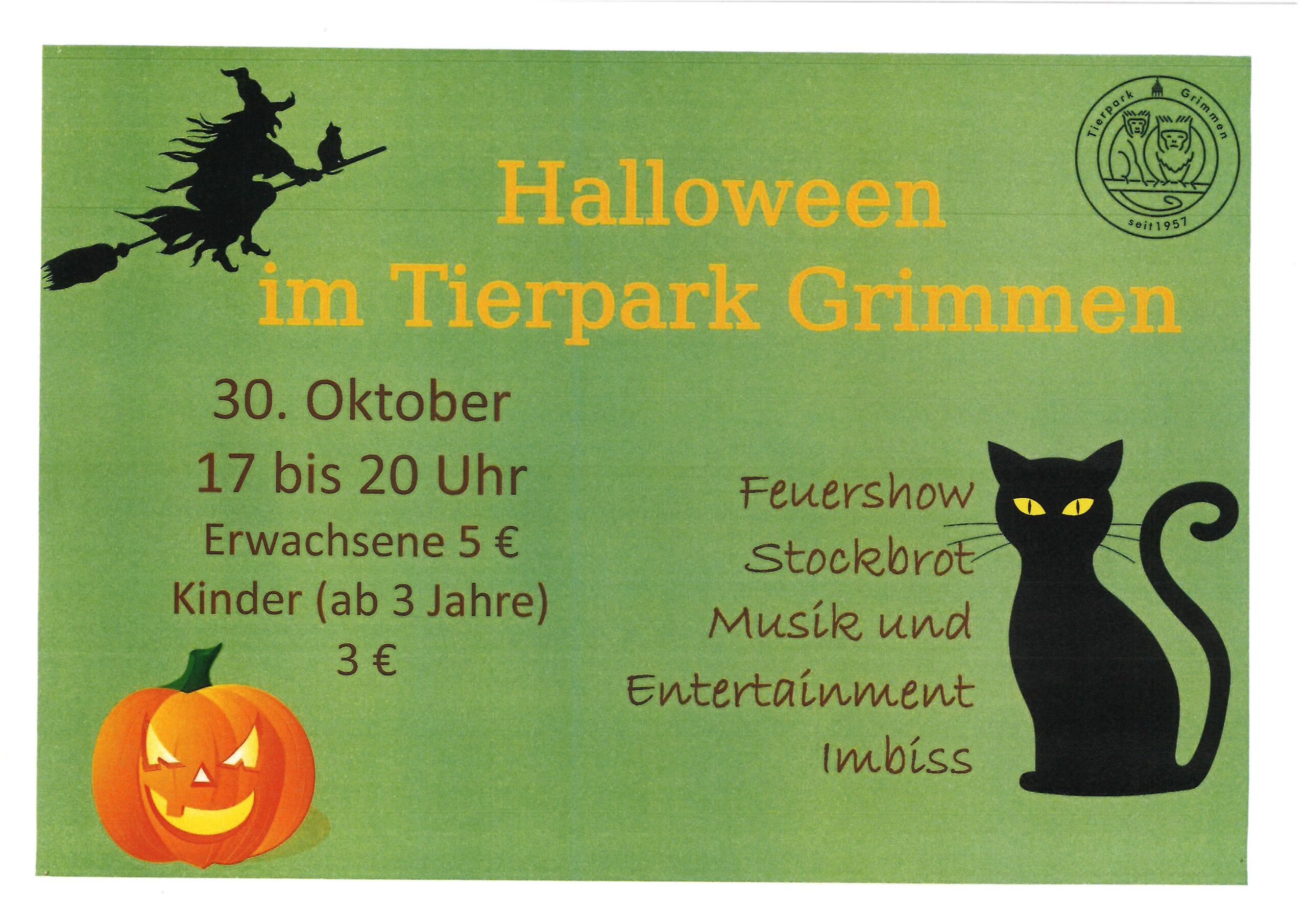 Plakat- Halloween im Tierpark am 30.10.2025 von 17:00 bis 20:00 Uhr mit Feuershow, Stockbrot, Musik und Imbiss, in Grimmen