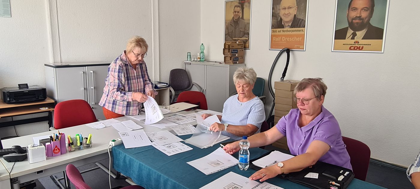 Mitarbeiter des Netzwerkes sortieren Unterlagen und Fotos.