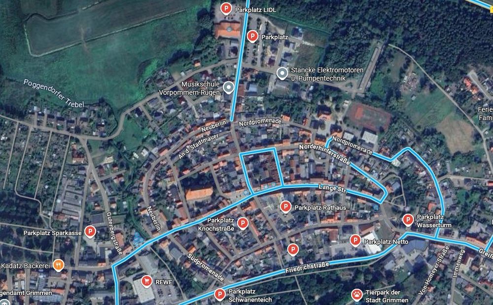 Stadtplan von Grimmen mit den Parkplätzen