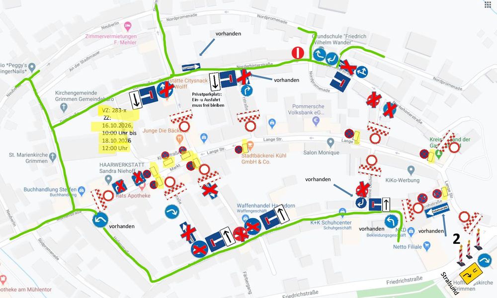Stadtplan mit den eingezeichneten Verkehrssperrungen.