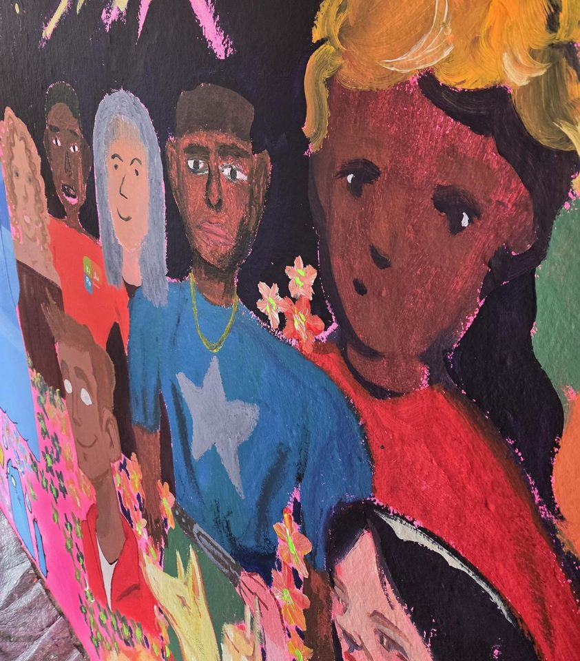 Die Kinder haben Menschen unterschiedlicher Herkunft gezeichnet, die alle zusammenhalten.