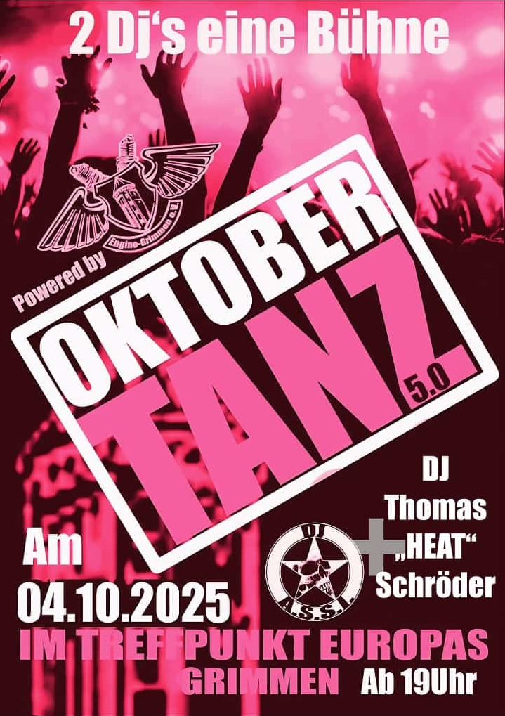 Flyer mit Veranstaltungsinformationen zum Oktobertanz 2025 des Engine Grimmen e.V.