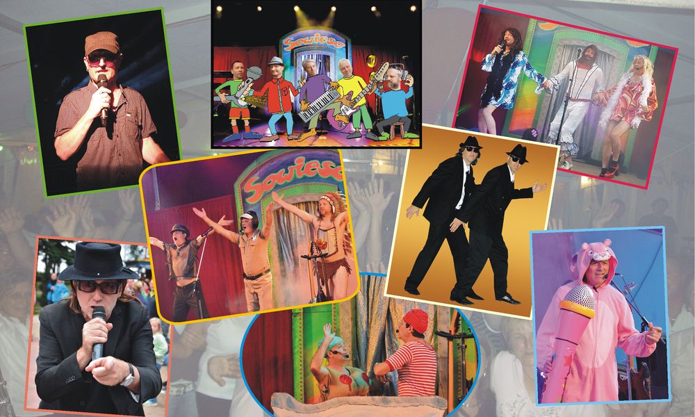 Eine Collage aus farbenfrohen Bühnenauftritten mit Menschen in verschiedenen Kostümen, darunter Musiker, Tänzer, Komiker und Figuren, die wie die Blues Brothers und eine Person in einem rosa Tierkostüm gekleidet sind.