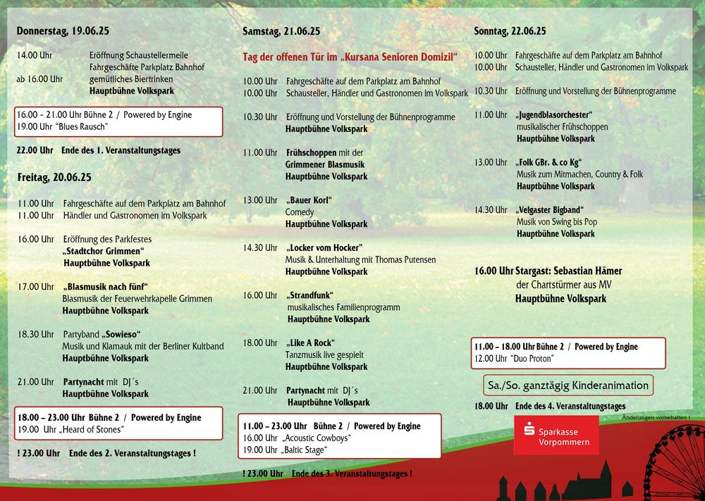 Flyer vom Parkfest 19.06. bis 22.06.2025 in der Stadt Grimmen