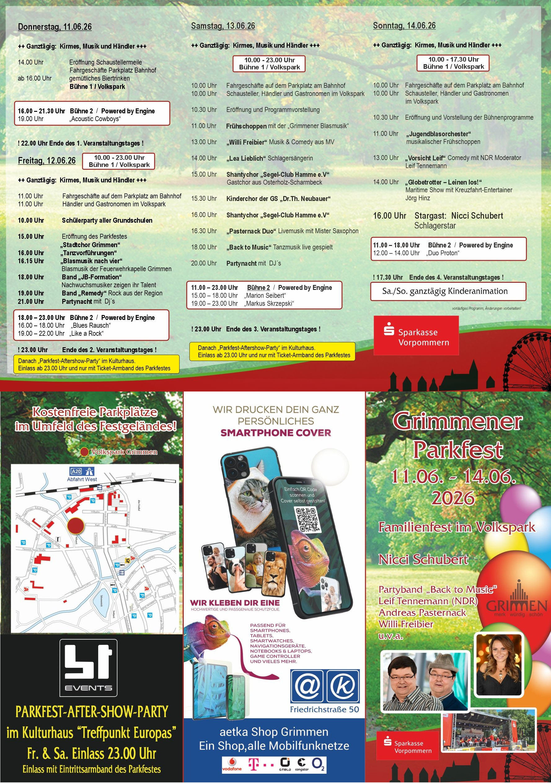 Dargestellt ist der Flyer zum Parkfest Grimmen 2026