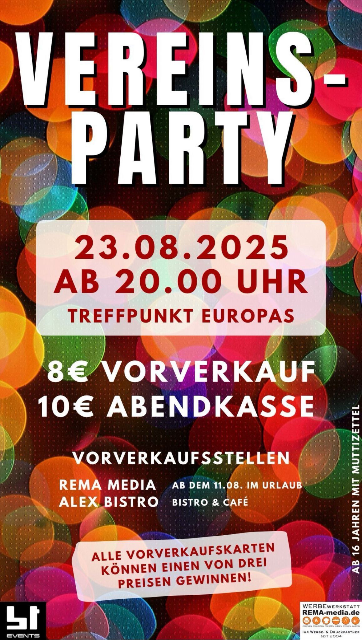 Plakat- Vereinsparty, der HSV Grimmen lädt ein am 23.08.2025 ab 20.00 Uhr im Kulturaus "Treffpunkt Europas" in Grimmen