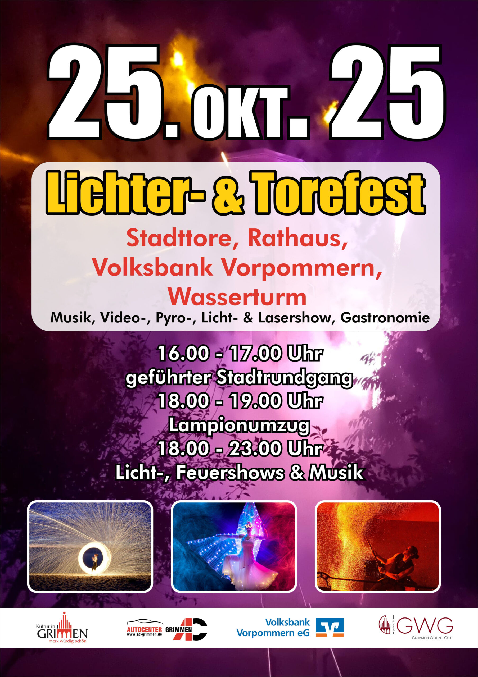 Plakat - Lichter- und Torefest 25.10.2025, Stadttore, Rathaus, Volksbank Vorpommern, Wasserturm, Start 16:00 Uhr