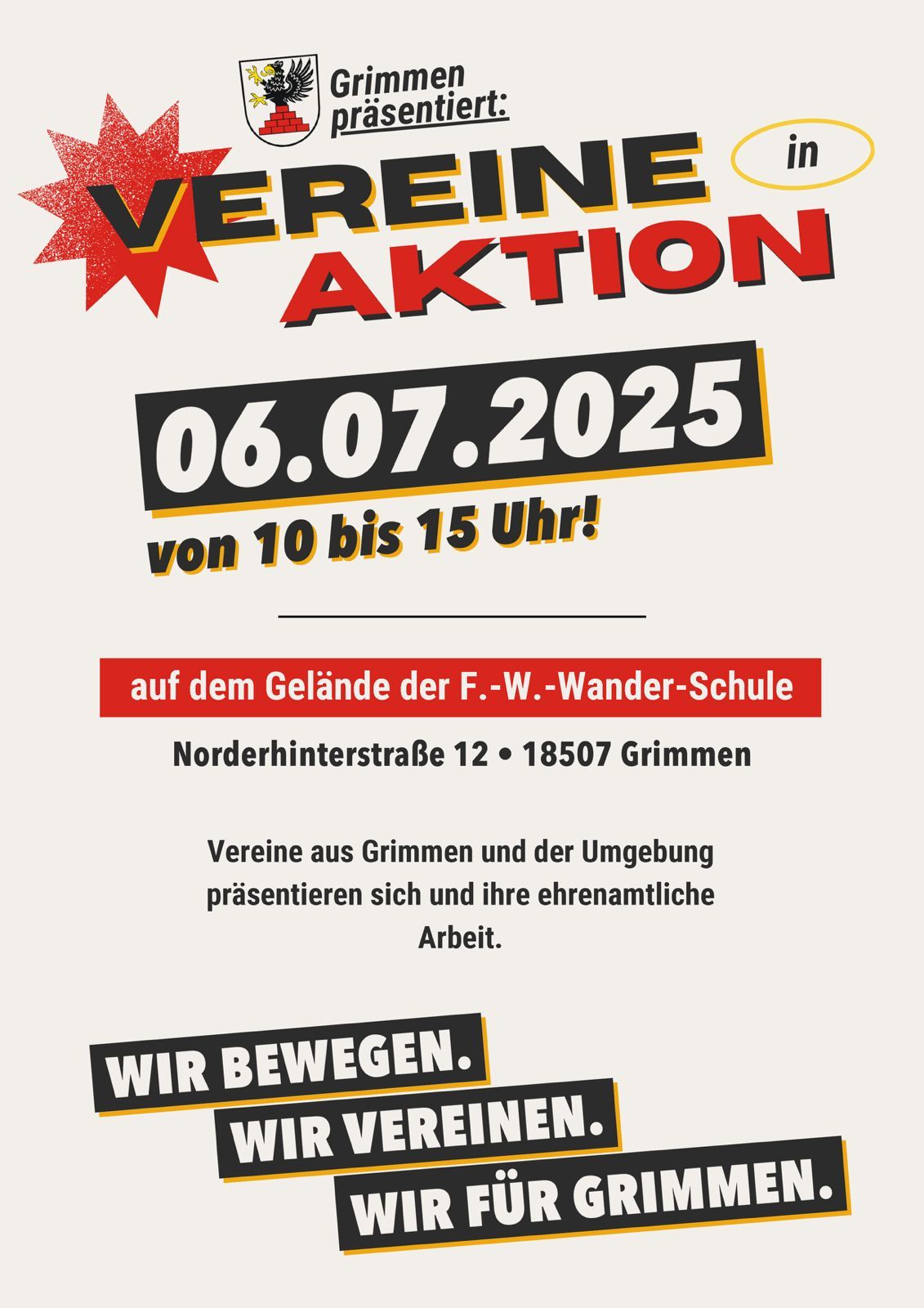 Plakat für Vereine in Aktion in Grimmen am 06.07.2025 von 10 bis 15 Uhr in der F.-W.-Wander-Schule; Vereine präsentieren ihre ehrenamtliche Arbeit. Slogan: Wir bewegen. Wir vereinen. Wir für Grimmen.
