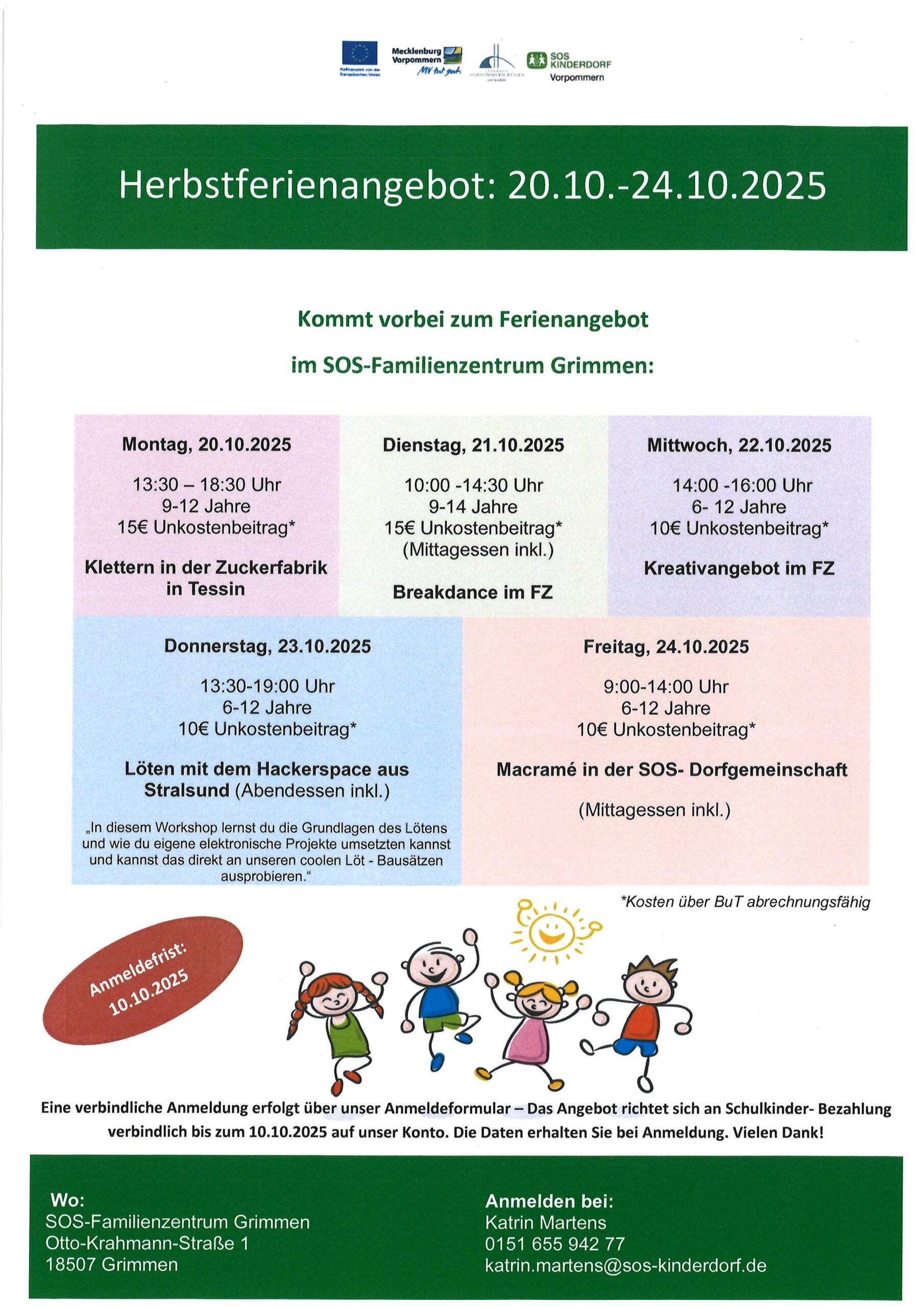 Plakat Herbstferienangebot vom 20.10.-24.10.2025 im SOS Familienzentrum in Grimmen, Anmeldefrist ist der 10.10.2025, die Anmeldung ist bei Katrin Martens unter der Telefonnummer 0151 65594277 möglich
