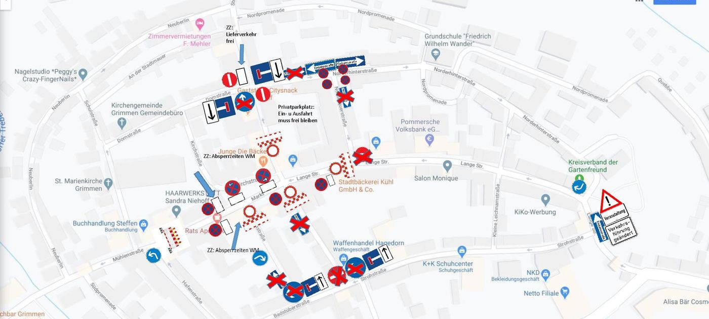 Karte mit eingezeichneten Straßensperrungen.