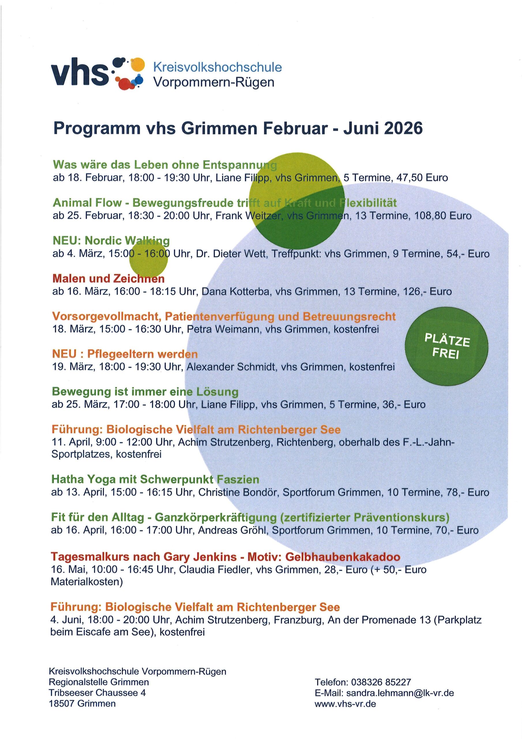 Programm der Kreisvolkshochschule mit allen Veranstaltungen in Grimmen von Februar bis Juni 2026