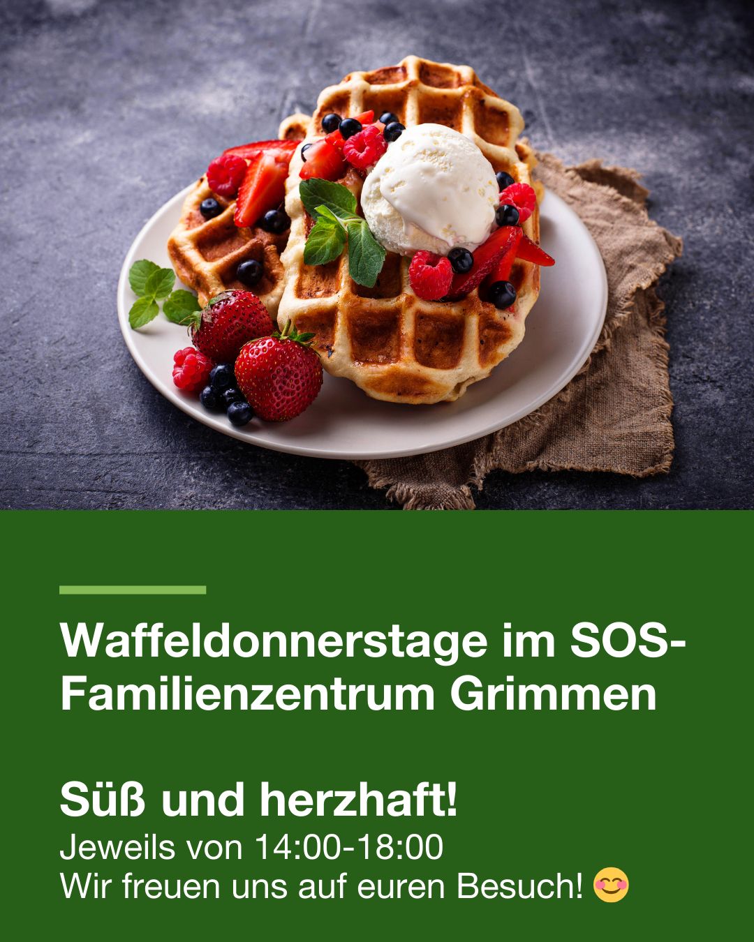 Plakat - Waffeldonnerstag im SOS-Familienzentrum, jeden Donnerstag von 14:00 bis 18:00 Uhr, süß und herzhaft
