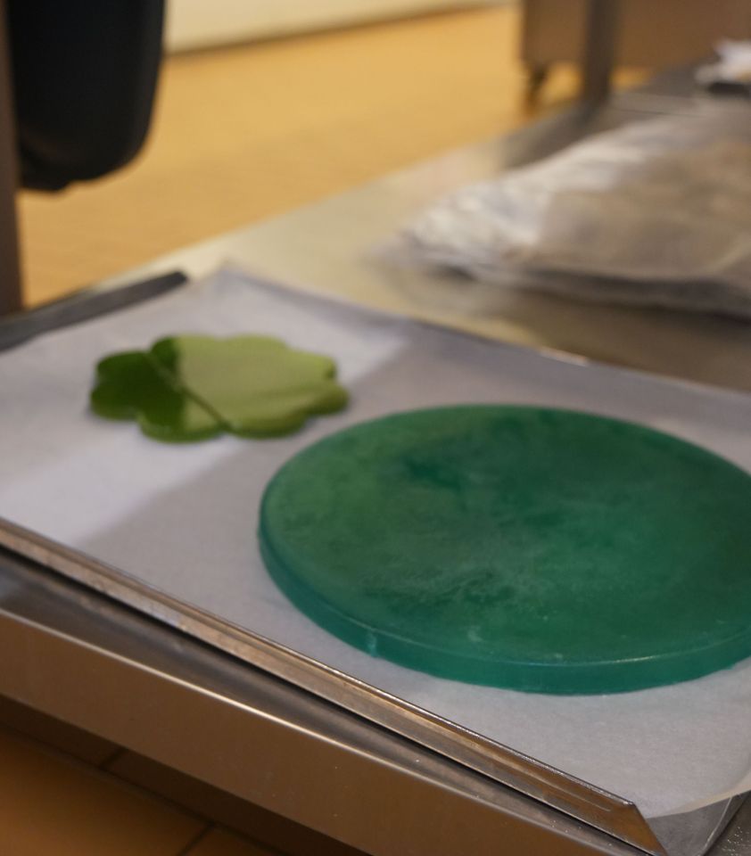 Der Tortenboden aus grünem Gele.