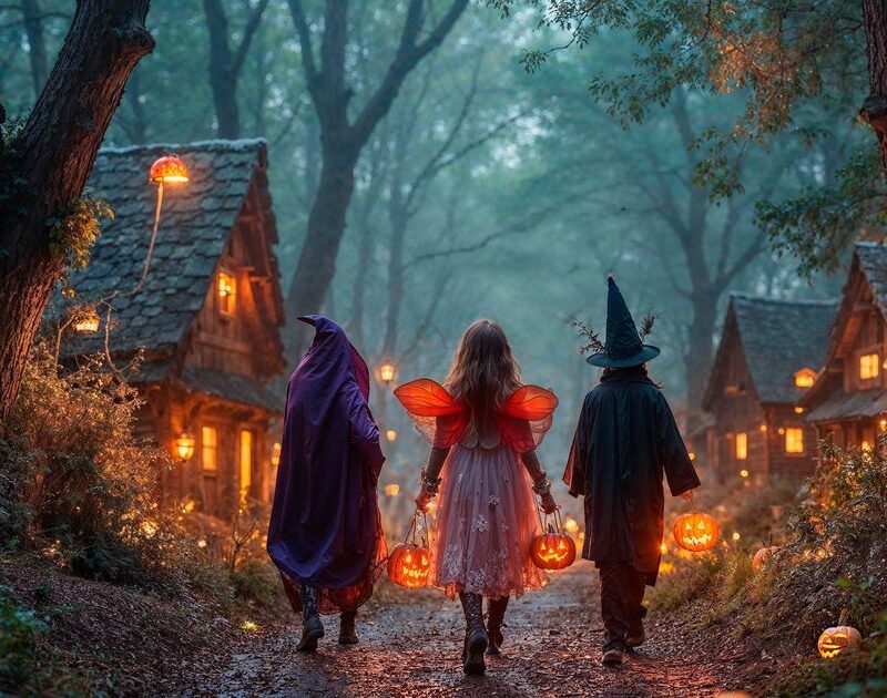 Kinder gehen verkleidet durch die Stadt