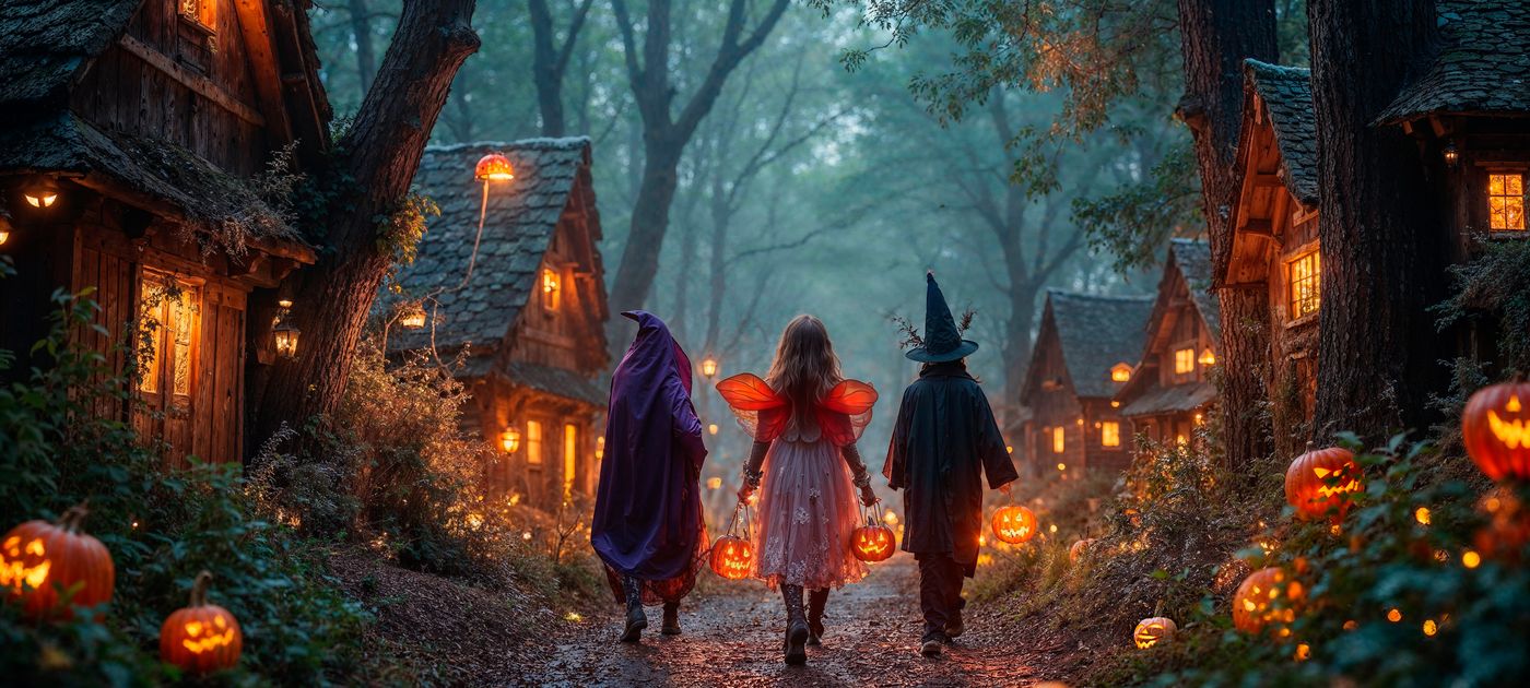 Kinder gehen verkleidet durch die Stadt