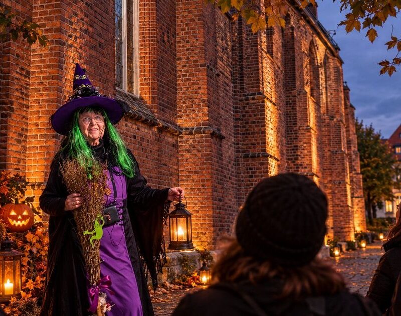 Gudrun Rech, die Stadtführerin von Grimmen, als Hexe verkleidet vor der Marienkirche.