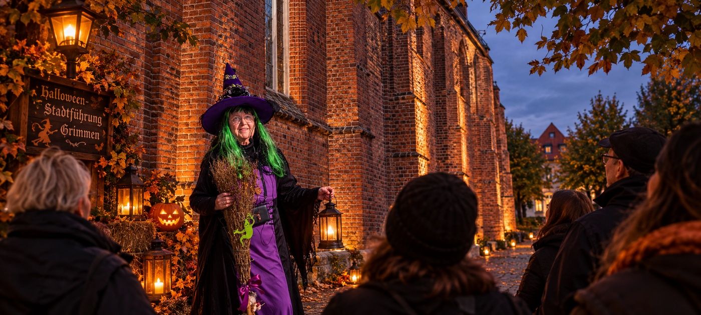 Gudrun Rech, die Stadtführerin von Grimmen, als Hexe verkleidet vor der Marienkirche.