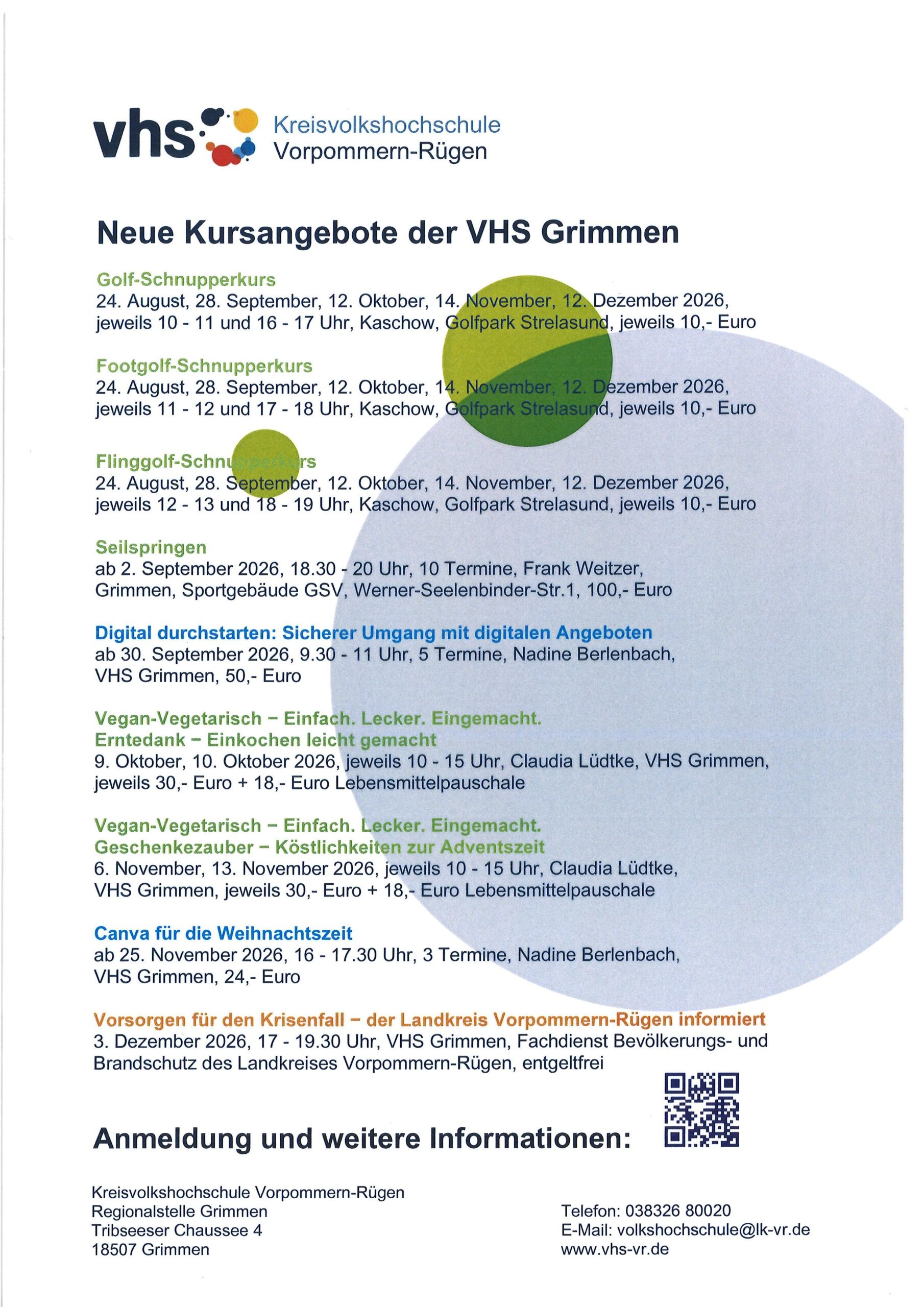 Kursangebote der Kreisvolkshochschule in Grimmen